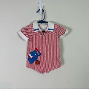 Betti Terrell by Johnston Vintage Baby Boys Pinstripe Elephant Zip Up Romper